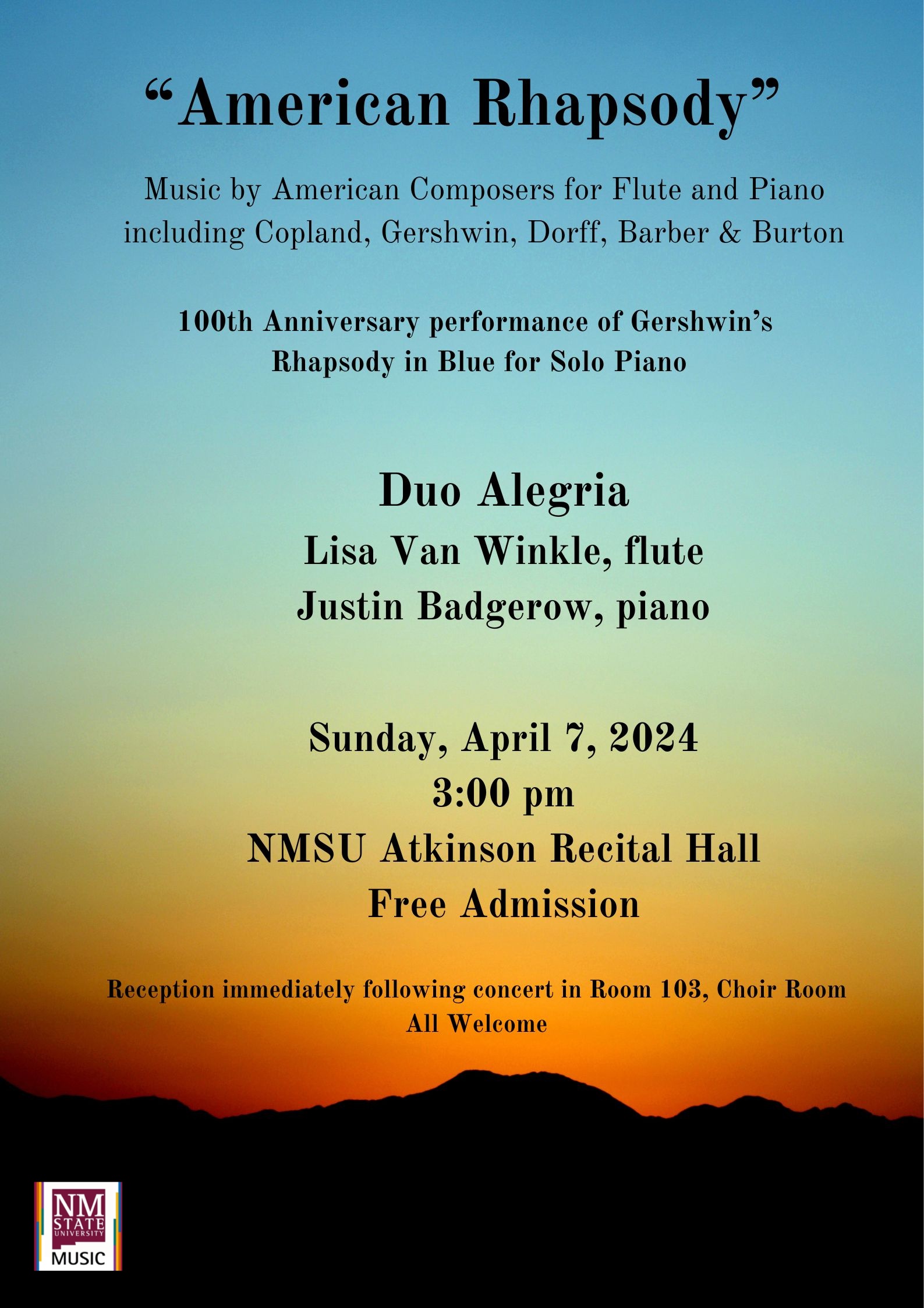 concert will feature music of Gershwin, Copland and more performed on flute with piano 